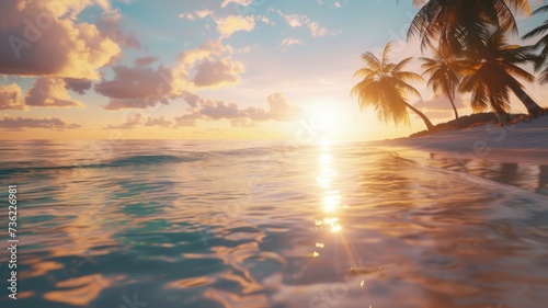 Tropical Serenity at Sunset - A tranquil tropical beach basks in the stunning light of the sunset.