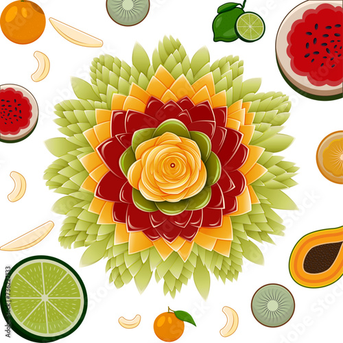 Colorful pattern made of citrus fruits, leaves and strawberries citrus food - assorted citrus fruits with mint leaves kiwi fruit, strawberry, grape and red apple isolated on white background	

