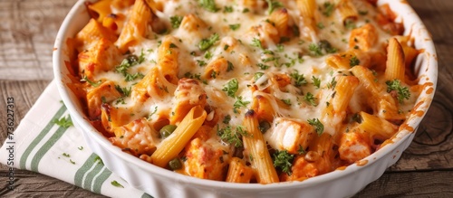 Delicious pasta dish with tender chicken pieces and melted cheese on top