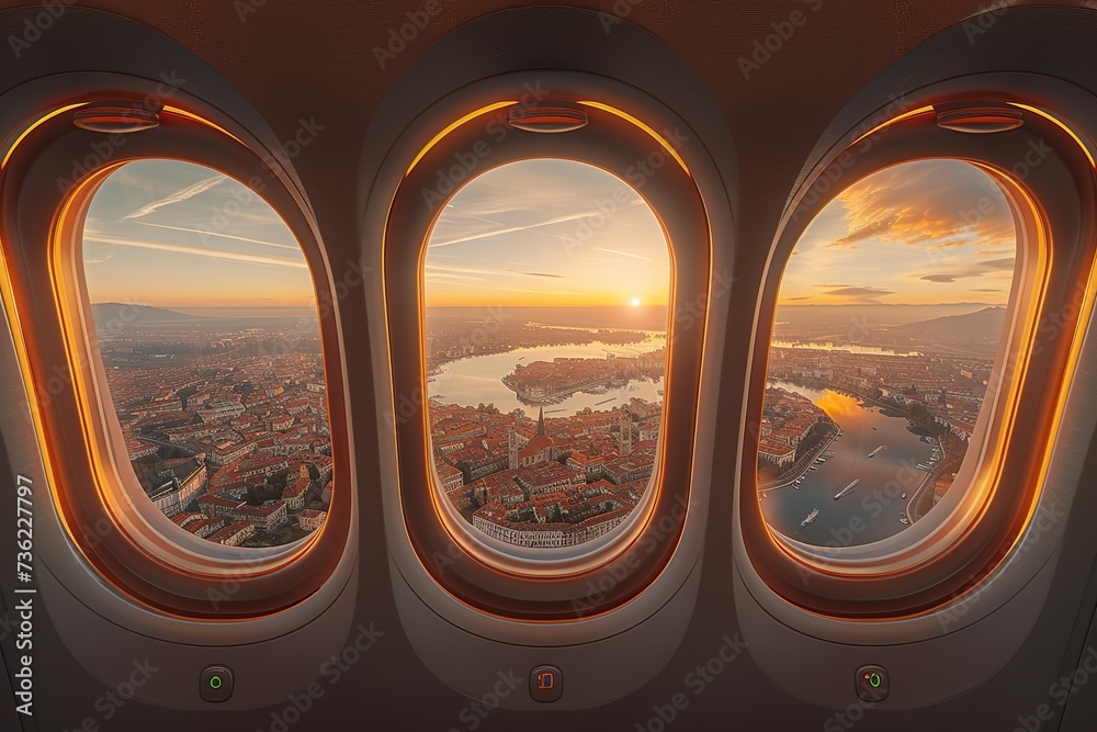 Stunning view of the city and cloudless sunset sky behind the airplane window during flight. Stunning view of the city and cloudless sunset sky behind the airplane window during flight.