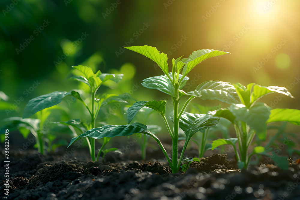 Image of small trees with green leaves under the sunlight, representing the concept of agriculture and sustainable plant growth. Image of small trees with green leaves under the sunlight, representing the concept of agriculture and sustainable plant growth.