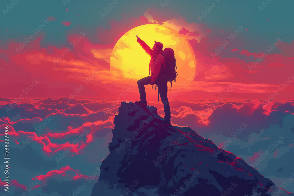 Obraz premium Successful hiker hiking a mountain pointing to the sunset. Wild man with backpack climbing a rock over the storm