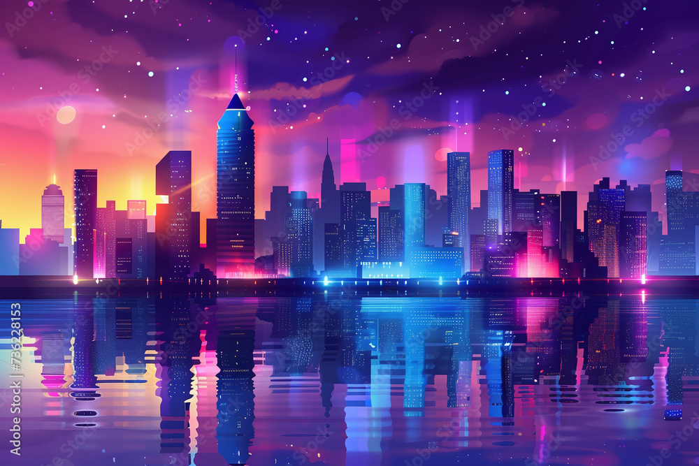 Neon Cityscape Reflections with Starry Sky and Sunset Glow, Vibrant Sci-Fi Urban Background with Futuristic Aesthetic