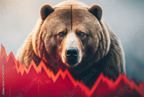 Bear and red stock market chart showing stock market crash. 