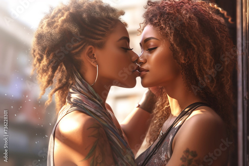 Two young dark-skinned lesbians gently embrace each other. Family lesbian couple. photo