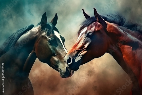 Pair of horses, black and brown, art. © Iryna