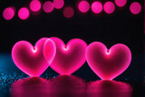 Valentine card with glowing neon pink heart shapes on a dark blurred background. Colorful texture of water drops and bokeh