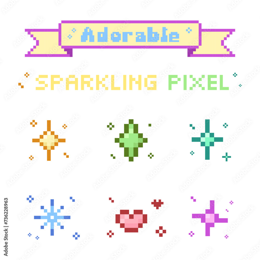 Set of adorable sparkle pixel 8 bit style