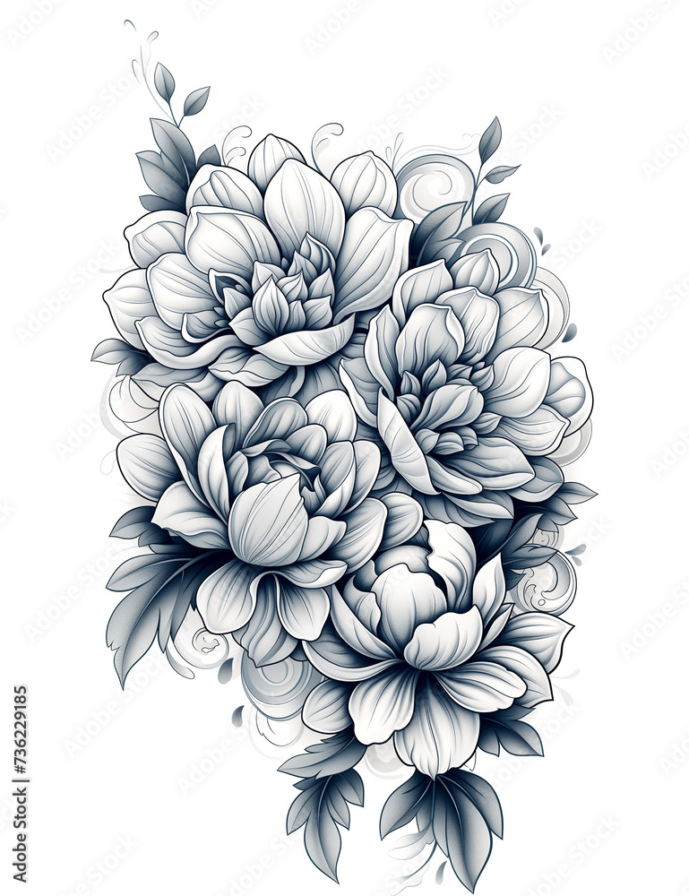 Design for tattoo. Bouquet of blossoming peonies Design for tattoo. Bouquet of blossoming peonies
