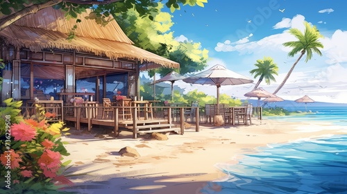 restaurant on tropical beach with sea and trees in summer holiday. Cartoon or anime watercolor digital painting illustration style.