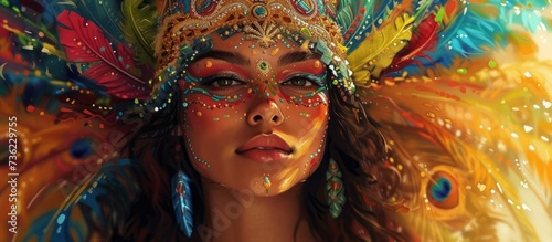 Portrait of a beautiful woman adorned with colorful feathers and headpiece