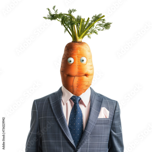 plant carrot concept Anthromophic friendly carrot wearing suite formal business suit pretending to work in coporate workplace studio shot on transparent