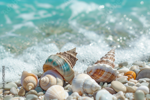 Sea, beach, shells, minimalism, conch shell, decoration, sun, summer, generative AI © Gerciane