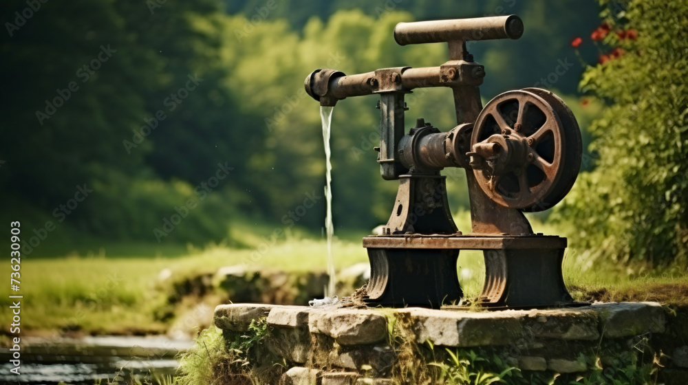 An old water pump outdoors in a natural environment.