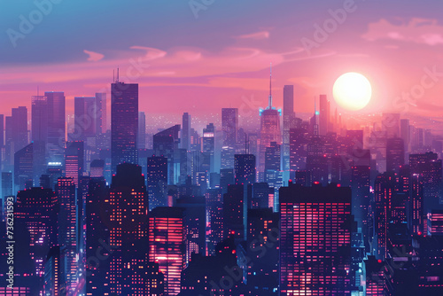 Futuristic City Skyline at Sunset with Glowing Windows  Urban Landscape Background with a Beautiful Gradient Sky