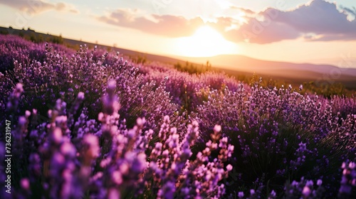 Tranquil Scene of a Lavender Field at Sunset with Illuminated Clouds