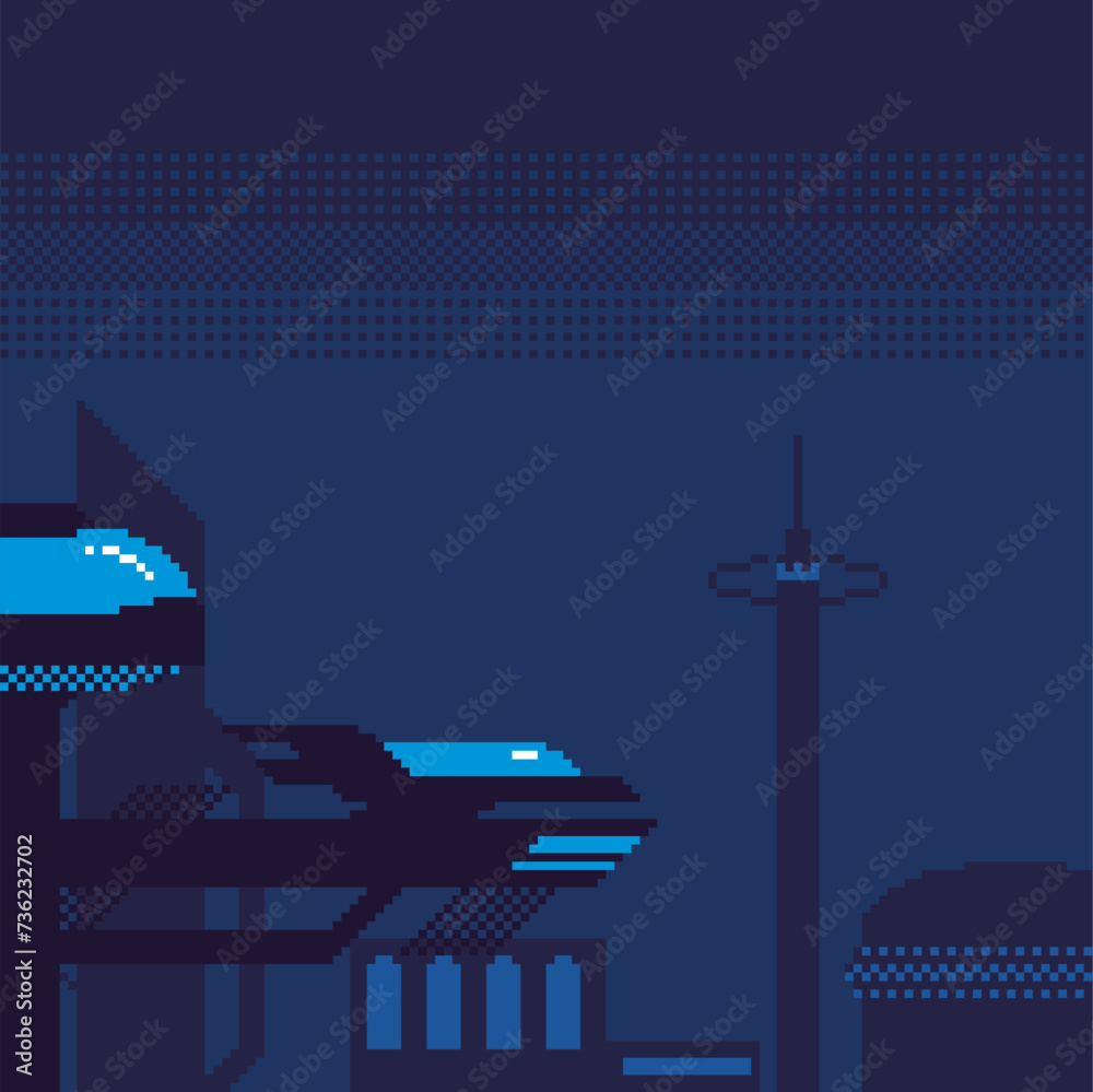 Pixel Art Style Dark Blue Tone Futuristic Cityscape at Night with Port Background