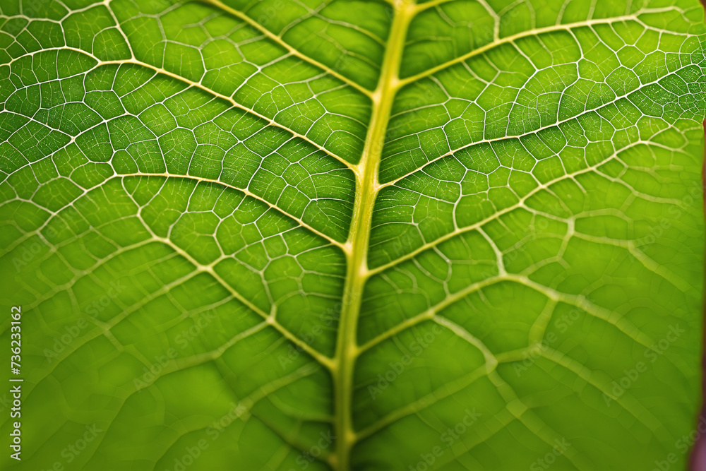 Fototapeta premium Veins of Nature A Macro Leaf's Vein Pattern highlighted soft, translucent green hue