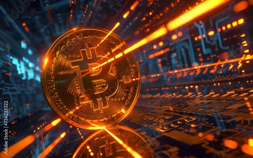 bitcoin criptocurrency symbol with glowing technology abstract effect and hologram circuit background