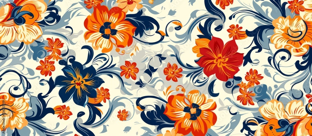 Vibrant floral pattern with beautiful orange and blue flowers on a white background Vibrant floral pattern with beautiful orange and blue flowers on a white background