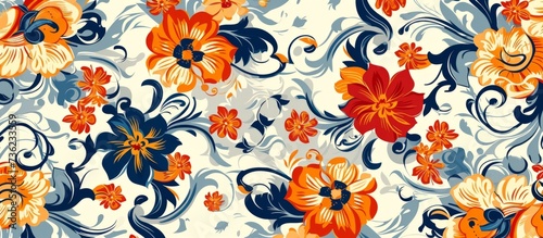 Vibrant floral pattern with beautiful orange and blue flowers on a white background