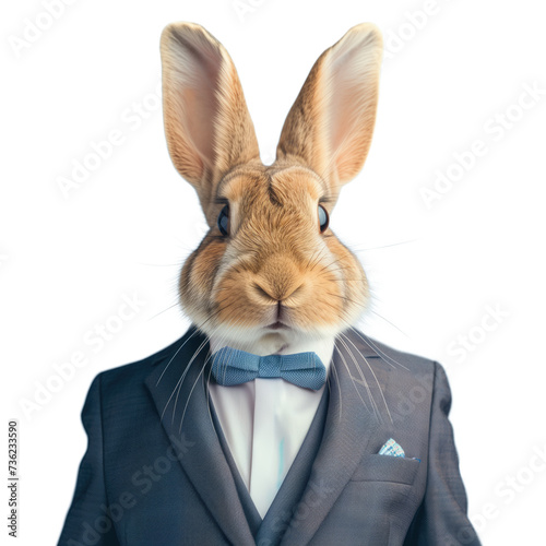 animal rabbit concept Anthromophic friendly rabbit wearing suite formal business suit pretending to work in coporate workplace studio shot on transparent