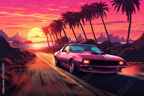 a car on a road with palm trees and sunset