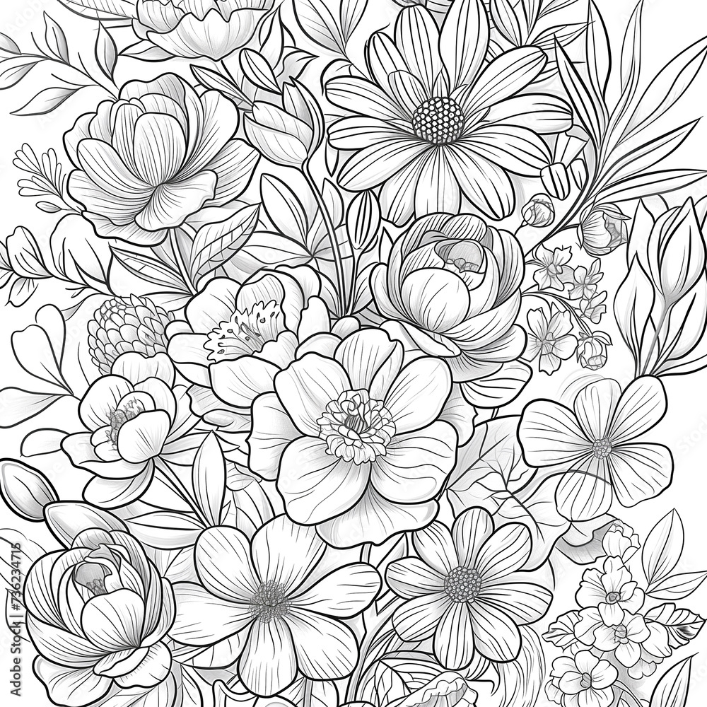 line art floral black and white background . design for coloring book