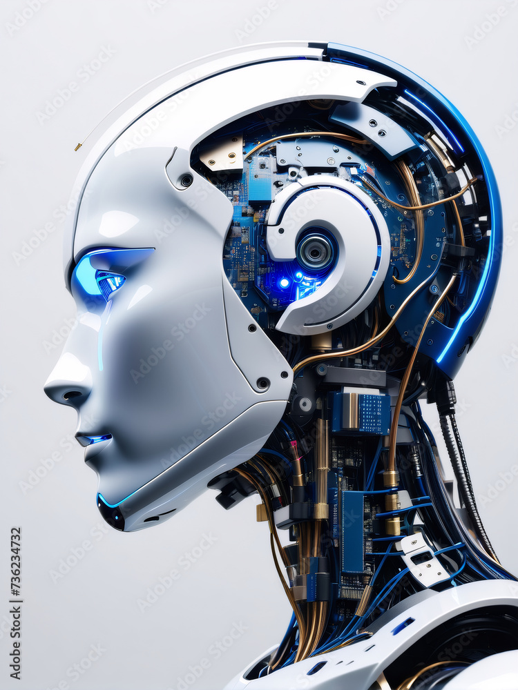 A humanoid robot's profile reveals intricate blue circuitry within its head, showcasing advanced artificial intelligence. A humanoid robot's profile reveals intricate blue circuitry within its head, showcasing advanced artificial intelligence.