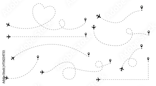 Collection of airplane routes with various shapes isolated on white background. Plane paths. Travel concept. Vector stock