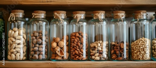 Assortment of glass bottles filled with a variety of nuts for healthy snacks and cooking ingredients