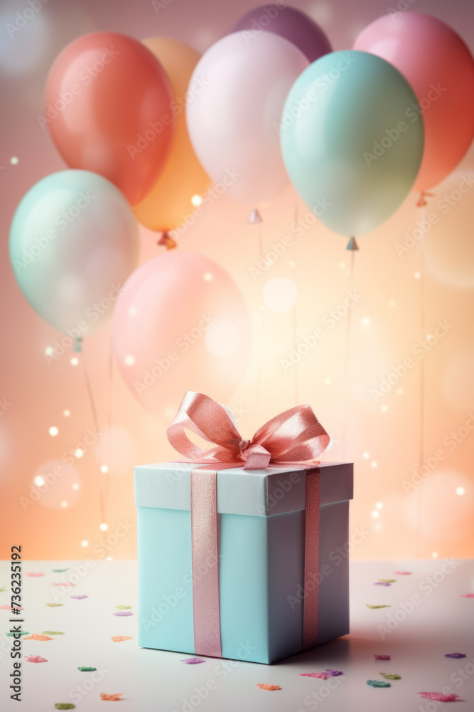 Gift boxes and balloons on dark background. 3d render of birthday background with gift box, balloons and confetti