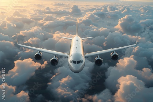 Commercial jet flying above the clouds The most modern and fastest form of travel. business life and luxurious life style