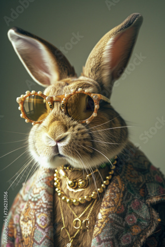 Fashionable Rabbit with Glasses and Pearls on Dark Background