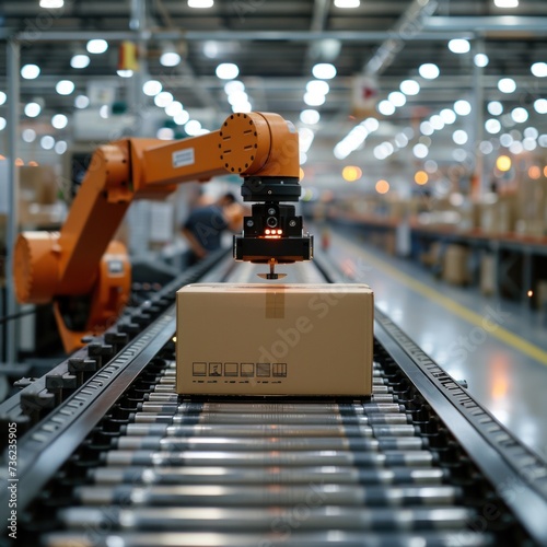 Carton on roller conveyor. Automatic Robot carton tape sealing machine. Industrial logistics warehouse