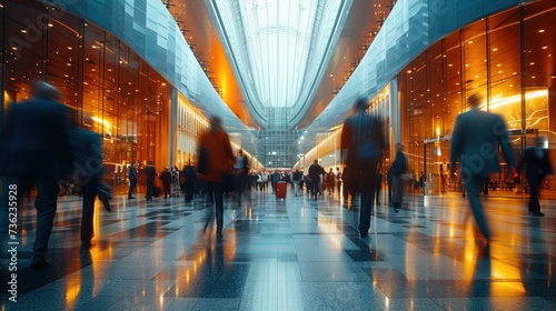 Motion blur of business professionals walking through a modern corporate building lobby bathed in warm evening light.