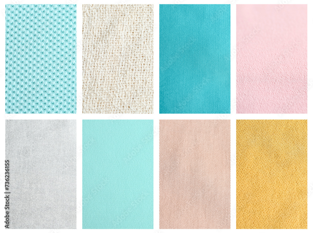Fototapeta premium Textures of different colorful fabrics, top view