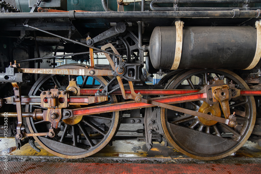 the train's diesel engine, railway track in depot of train