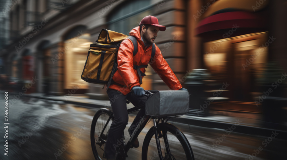 Delivery Cyclist Speeding Through City Streets Delivery Cyclist Speeding Through City Streets