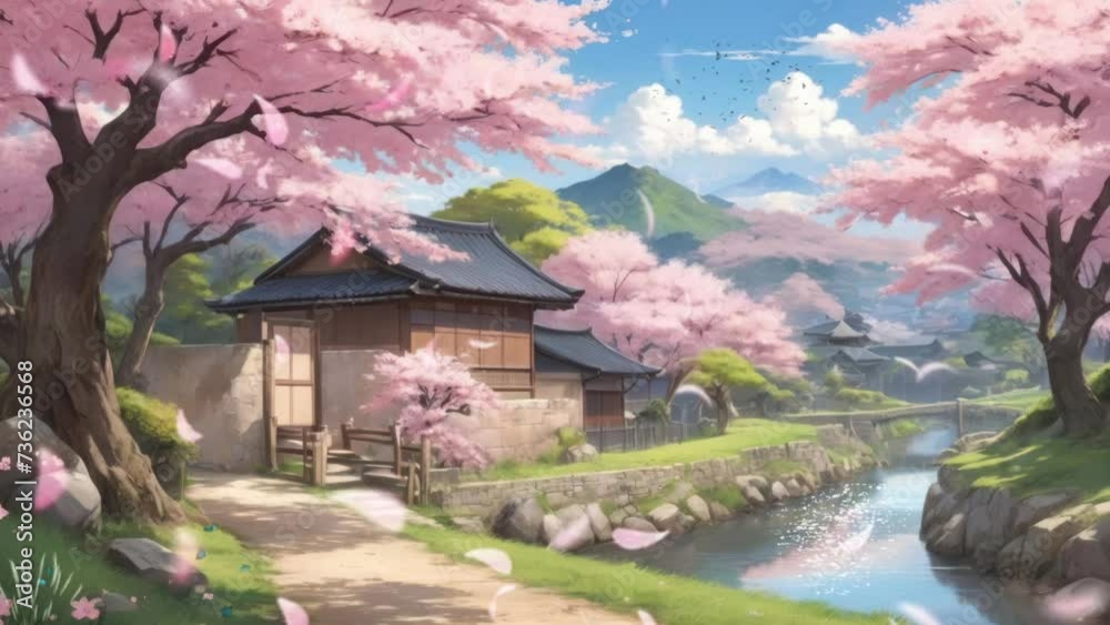 japanese landscape with lake and trees. Cartoon or anime watercolor painting illustration style. seamless looping virtual video animation background. japanese landscape with lake and trees. Cartoon or anime watercolor painting illustration style. seamless looping virtual video animation background.
