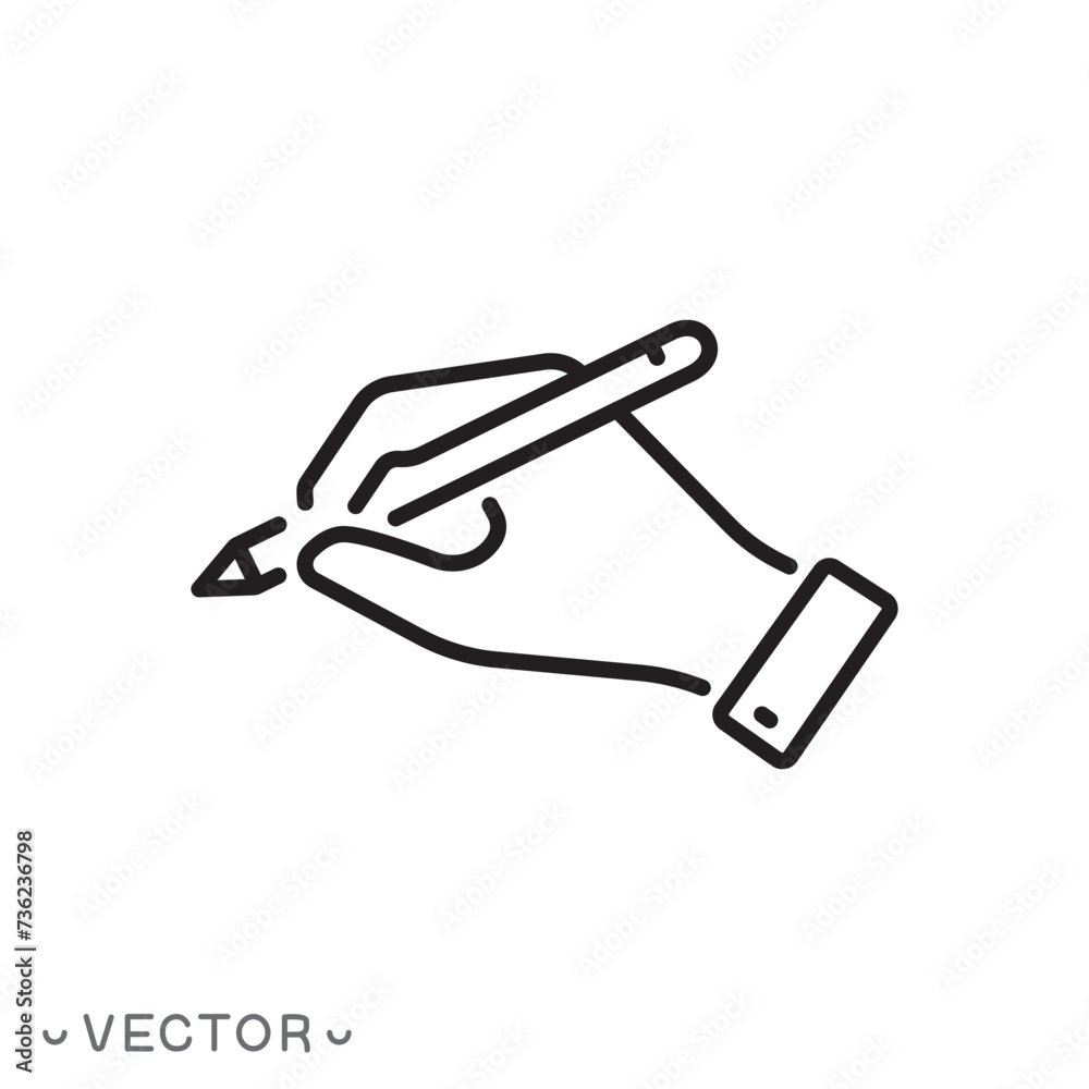 hand holding pen icon, handwriting, writing signature, thin line symbol isolated on white background, editable stroke eps 10 vector illustration