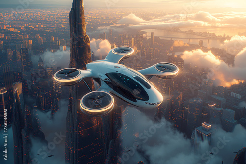 future flying car. An electric air taxi eVTOL soaring high above a cityscape photo