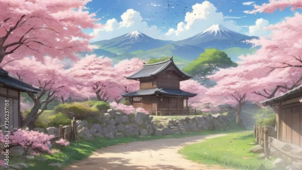 japanese landscape with trees sakura. Cartoon or anime watercolor painting illustration style. seamless looping virtual video animation background. japanese landscape with trees sakura. Cartoon or anime watercolor painting illustration style. seamless looping virtual video animation background.