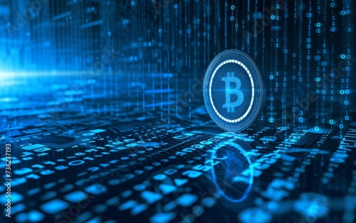 Bitcoin on binary code matrix blue background