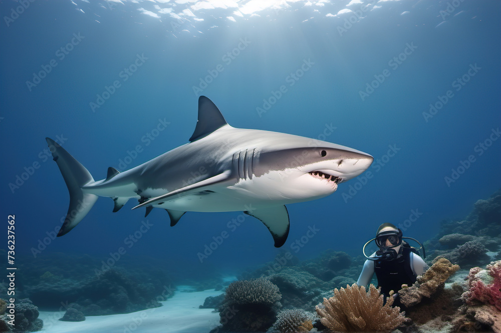 Fototapeta premium a shark swims underwater near a coral reef and a diver.
