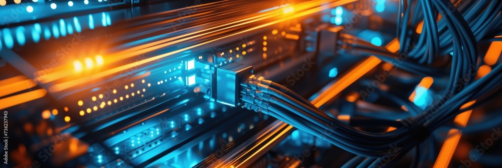 Blue and orange glowing data storage server room with switchboard illuminated Internet provider technology background for worldwide network connection Blue and orange glowing data storage server room with switchboard illuminated Internet provider technology background for worldwide network connection