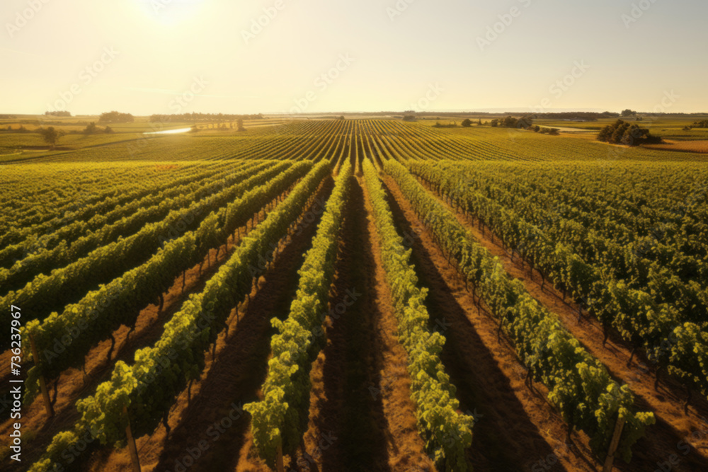 Green field with rows of vines for harvesting. Ripe grapes for the production of fine wines. - obrazy, fototapety, plakaty 