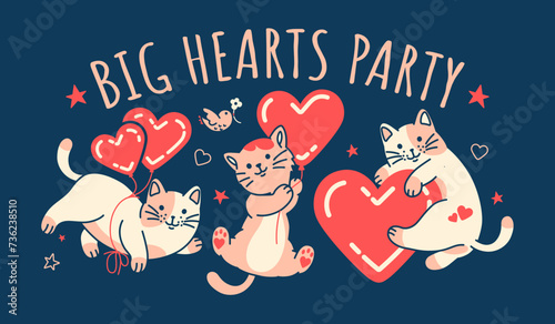 Funny cute print with cats and big hearts. Pyjama party design. Fun doodle girly vector print for t shirt, sleepwear. Adorable cats doing funny cat things.