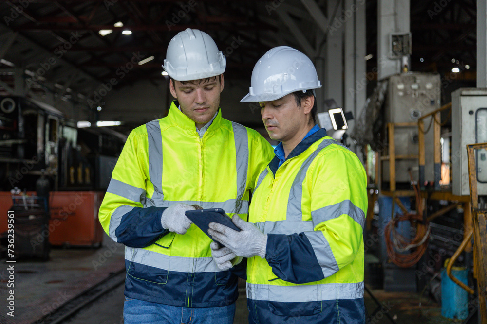 Engineer train Inspect the train's diesel engine, railway track in depot of train Engineer train Inspect the train's diesel engine, railway track in depot of train