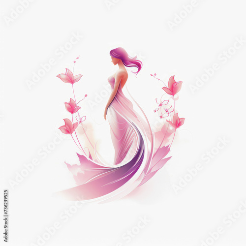 Illustration of a woman wearing a long dress stands among flowers creating a vibrant and colorful scene